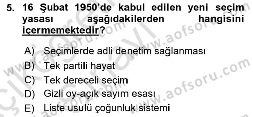 Türk Siyasal Hayatı Dersi 2018 - 2019 Yılı 3 Ders Sınav Soruları 5. Soru
