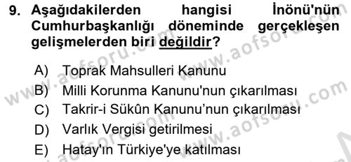Türk Siyasal Hayatı Dersi 2018 - 2019 Yılı 3 Ders Sınav Soruları 9. Soru
