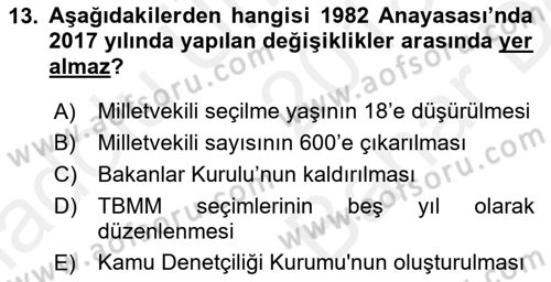 Türk Siyasal Hayatı Dersi 2018 - 2019 Yılı (Vize) Ara Sınav Soruları 13. Soru