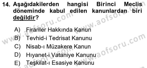Türk Siyasal Hayatı Dersi 2018 - 2019 Yılı (Vize) Ara Sınav Soruları 14. Soru