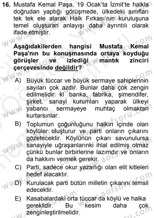 Türk Siyasal Hayatı Dersi 2018 - 2019 Yılı (Vize) Ara Sınav Soruları 16. Soru