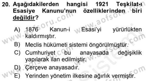 Türk Siyasal Hayatı Dersi 2018 - 2019 Yılı (Vize) Ara Sınav Soruları 20. Soru