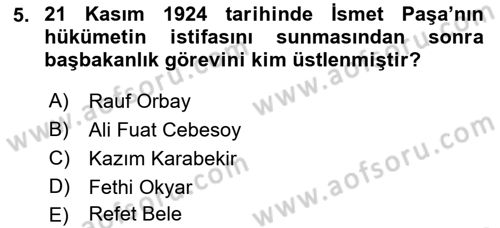 Türk Siyasal Hayatı Dersi 2018 - 2019 Yılı (Vize) Ara Sınav Soruları 5. Soru