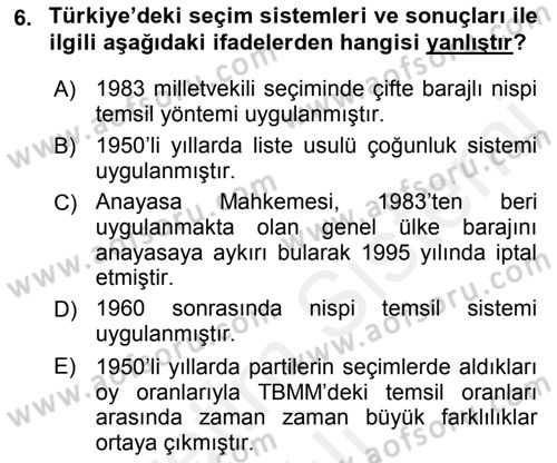 Türk Siyasal Hayatı Dersi 2018 - 2019 Yılı (Vize) Ara Sınav Soruları 6. Soru