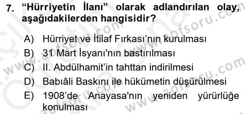 Türk Siyasal Hayatı Dersi 2018 - 2019 Yılı (Vize) Ara Sınav Soruları 7. Soru