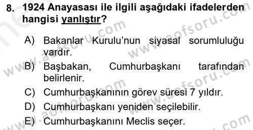 Türk Siyasal Hayatı Dersi 2018 - 2019 Yılı (Vize) Ara Sınav Soruları 8. Soru