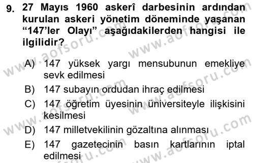 Türk Siyasal Hayatı Dersi 2018 - 2019 Yılı (Vize) Ara Sınav Soruları 9. Soru