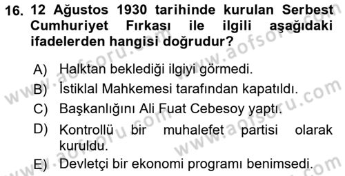 Türk Siyasal Hayatı Dersi 2018 - 2019 Yılı (Final) Dönem Sonu Sınav Soruları 16. Soru
