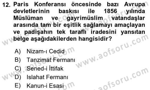 Türk Siyasal Hayatı Dersi 2021 - 2022 Yılı (Vize) Ara Sınav Soruları 12. Soru