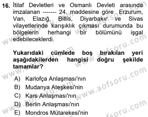 Türk Siyasal Hayatı Dersi 2021 - 2022 Yılı (Vize) Ara Sınav Soruları 16. Soru