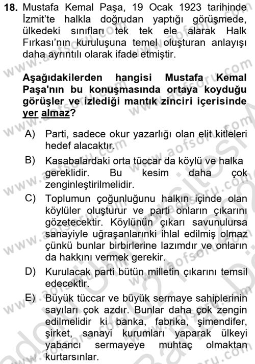 Türk Siyasal Hayatı Dersi 2021 - 2022 Yılı (Vize) Ara Sınav Soruları 18. Soru
