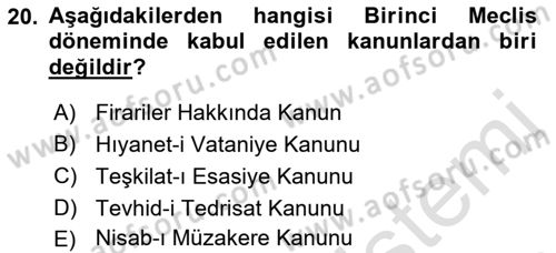 Türk Siyasal Hayatı Dersi 2021 - 2022 Yılı (Vize) Ara Sınav Soruları 20. Soru