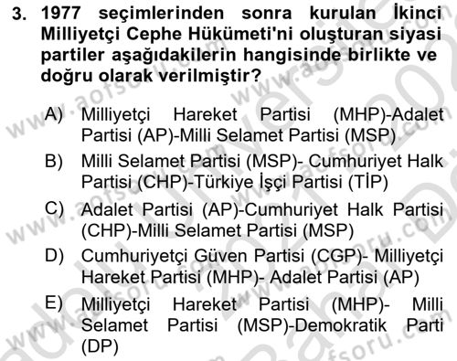 Türk Siyasal Hayatı Dersi 2021 - 2022 Yılı (Vize) Ara Sınav Soruları 3. Soru