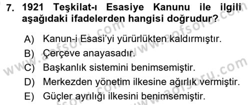 Türk Siyasal Hayatı Dersi 2021 - 2022 Yılı (Vize) Ara Sınav Soruları 7. Soru