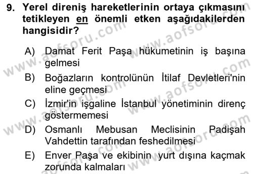 Türk Siyasal Hayatı Dersi 2021 - 2022 Yılı (Vize) Ara Sınav Soruları 9. Soru