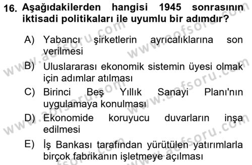 Türk Siyasal Hayatı Dersi 2021 - 2022 Yılı (Final) Dönem Sonu Sınav Soruları 16. Soru
