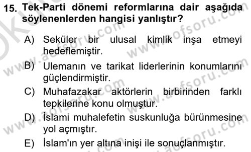 Türk Siyasal Hayatı Dersi 2021 - 2022 Yılı Yaz Okulu Sınav Soruları 15. Soru