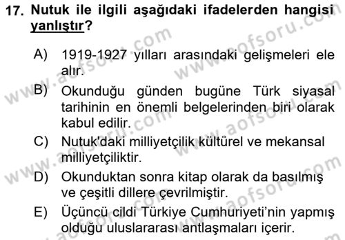 Türk Siyasal Hayatı Dersi 2021 - 2022 Yılı Yaz Okulu Sınav Soruları 17. Soru