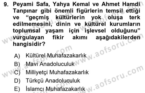 Türk Siyasal Hayatı Dersi 2021 - 2022 Yılı Yaz Okulu Sınav Soruları 9. Soru
