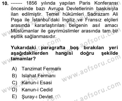 Türk Siyasal Hayatı Dersi 2022 - 2023 Yılı Yaz Okulu Sınav Soruları 10. Soru