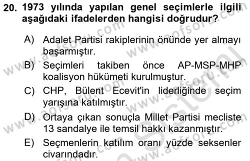 Türk Siyasal Hayatı Dersi 2022 - 2023 Yılı Yaz Okulu Sınav Soruları 20. Soru