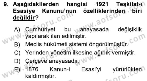 Türk Siyasal Hayatı Dersi 2022 - 2023 Yılı Yaz Okulu Sınav Soruları 9. Soru