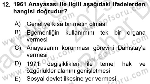Türk Siyasal Hayatı Dersi 2023 - 2024 Yılı (Vize) Ara Sınav Soruları 12. Soru