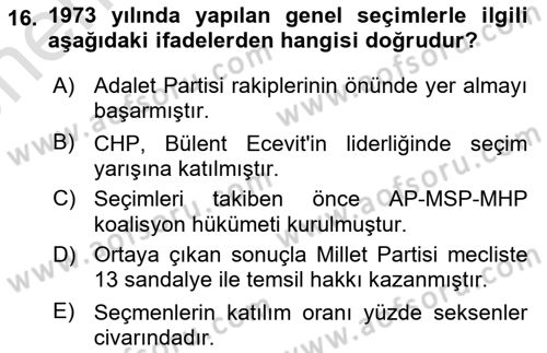 Türk Siyasal Hayatı Dersi 2023 - 2024 Yılı (Vize) Ara Sınav Soruları 16. Soru