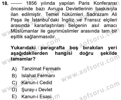 Türk Siyasal Hayatı Dersi 2023 - 2024 Yılı (Vize) Ara Sınav Soruları 18. Soru