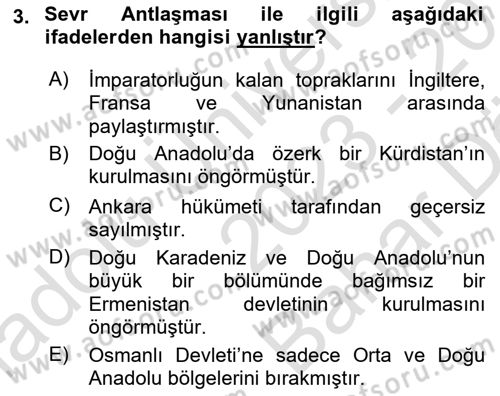 Türk Siyasal Hayatı Dersi 2023 - 2024 Yılı (Vize) Ara Sınav Soruları 3. Soru