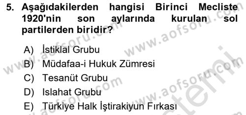 Türk Siyasal Hayatı Dersi 2023 - 2024 Yılı (Vize) Ara Sınav Soruları 5. Soru