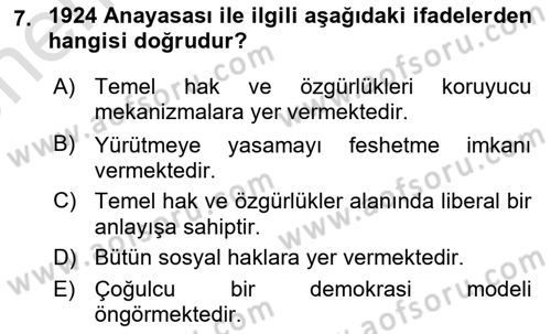 Türk Siyasal Hayatı Dersi 2023 - 2024 Yılı (Vize) Ara Sınav Soruları 7. Soru