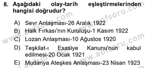 Türk Siyasal Hayatı Dersi 2023 - 2024 Yılı (Vize) Ara Sınav Soruları 8. Soru