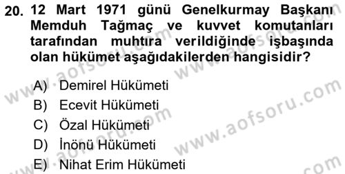 Türk Siyasal Hayatı Dersi 2023 - 2024 Yılı (Final) Dönem Sonu Sınav Soruları 20. Soru