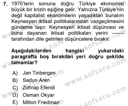 Türk Siyasal Hayatı Dersi 2023 - 2024 Yılı (Final) Dönem Sonu Sınav Soruları 7. Soru