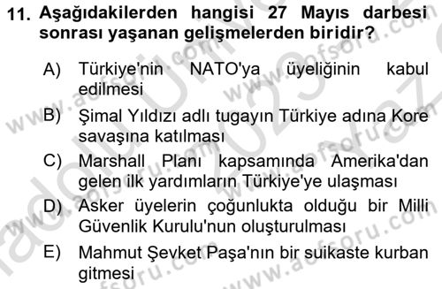 Türk Siyasal Hayatı Dersi 2023 - 2024 Yılı Yaz Okulu Sınav Soruları 11. Soru