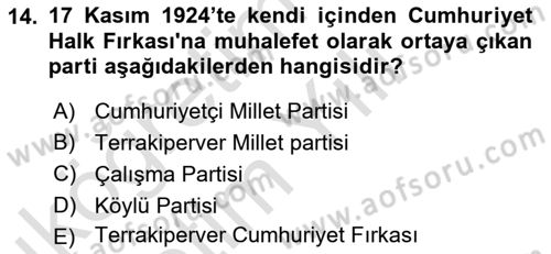 Türk Siyasal Hayatı Dersi 2023 - 2024 Yılı Yaz Okulu Sınav Soruları 14. Soru
