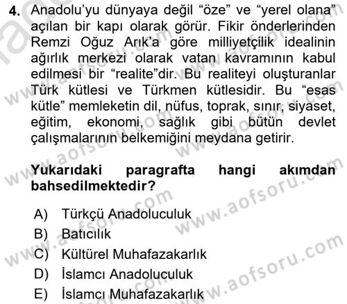Türk Siyasal Hayatı Dersi 2023 - 2024 Yılı Yaz Okulu Sınav Soruları 4. Soru