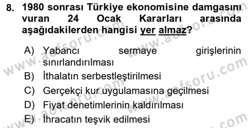 Türk Siyasal Hayatı Dersi 2023 - 2024 Yılı Yaz Okulu Sınav Soruları 8. Soru