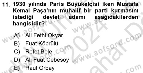 Türk Siyasal Hayatı Dersi 2024 - 2025 Yılı (Vize) Ara Sınav Soruları 11. Soru
