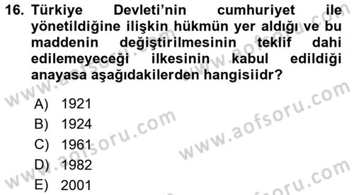 Türk Siyasal Hayatı Dersi 2024 - 2025 Yılı (Vize) Ara Sınav Soruları 16. Soru