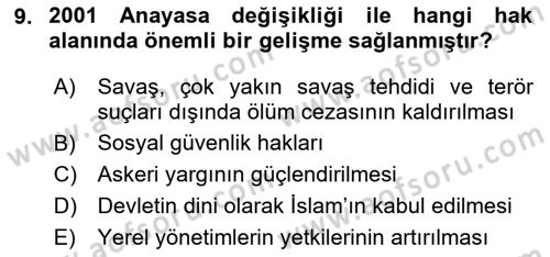 Türk Siyasal Hayatı Dersi 2024 - 2025 Yılı (Vize) Ara Sınav Soruları 9. Soru