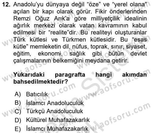 Türk Siyasal Hayatı Dersi 2024 - 2025 Yılı Yaz Okulu Sınav Soruları 12. Soru
