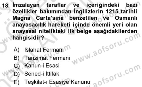 Türk Siyasal Hayatı Dersi 2025 - 2026 Yılı (Vize) Ara Sınav Soruları 18. Soru