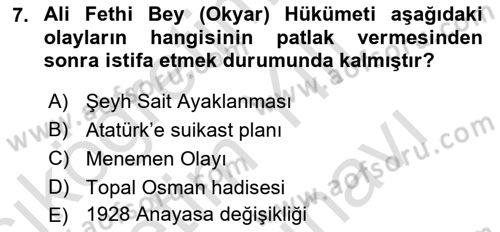 Türk Siyasal Hayatı Dersi 2025 - 2026 Yılı (Vize) Ara Sınav Soruları 7. Soru