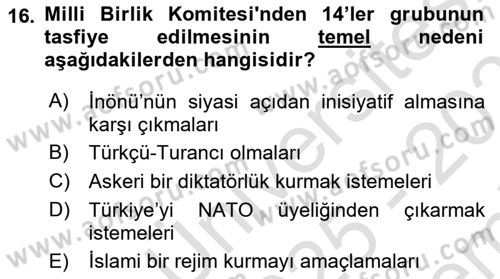 Türk Siyasal Hayatı Dersi 2025 - 2026 Yılı (Final) Dönem Sonu Sınav Soruları 16. Soru