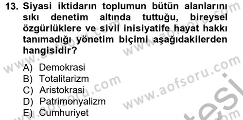 Siyaset Bilimi Dersi Ara Sınavı Deneme Sınav Soruları 13. Soru