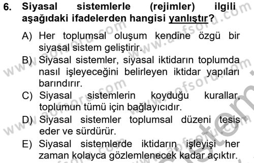 Siyaset Bilimi Dersi Ara Sınavı Deneme Sınav Soruları 6. Soru