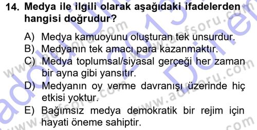 Siyaset Bilimi Dersi 2013 - 2014 Yılı (Final) Dönem Sonu Sınav Soruları 14. Soru