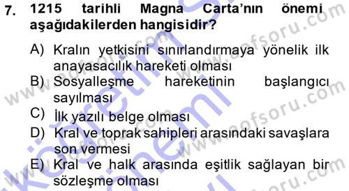 Siyaset Bilimi Dersi 2013 - 2014 Yılı (Final) Dönem Sonu Sınav Soruları 7. Soru